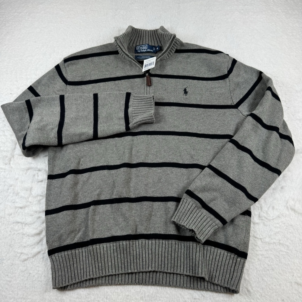 Polo By Ralph Lauren Sweater Mens Size M Gray Striped 1/4 Zip Mock Neck Knit - Picture 3 of 8